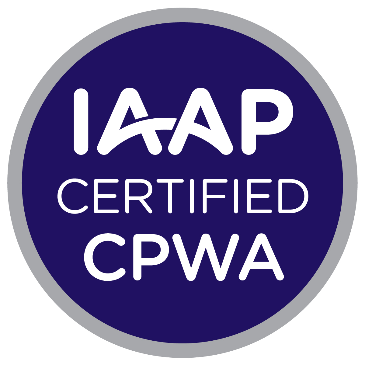 Circular badge logo for International Association of Accessibility Professionals (IAAP) Certified Professional in Web Accessibility Specialist (CPWA) credential. A dark blue circle with three lines of centered white text that read: IAAP Certified CPWA. There is a smaller silver circle that surrounds the dark blue inner circle that designates the CPWA credential color scheme.